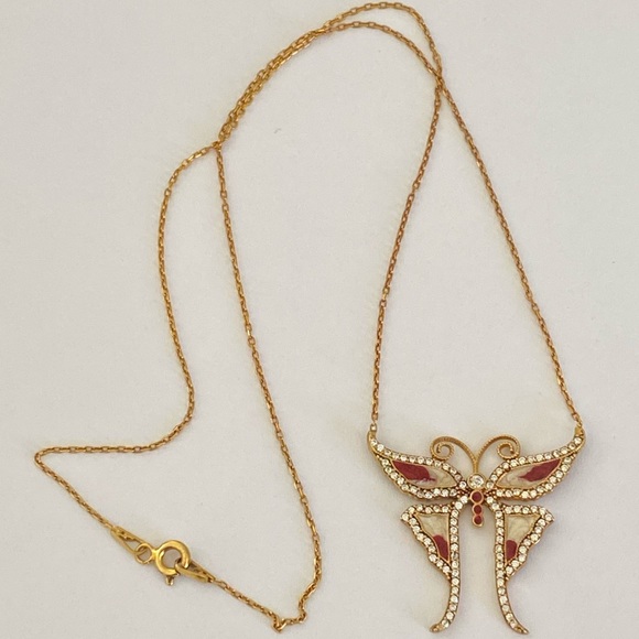 925 Silver butterfly necklace handmade enamel cz stones 18k yellow gold plated - Picture 2 of 5
